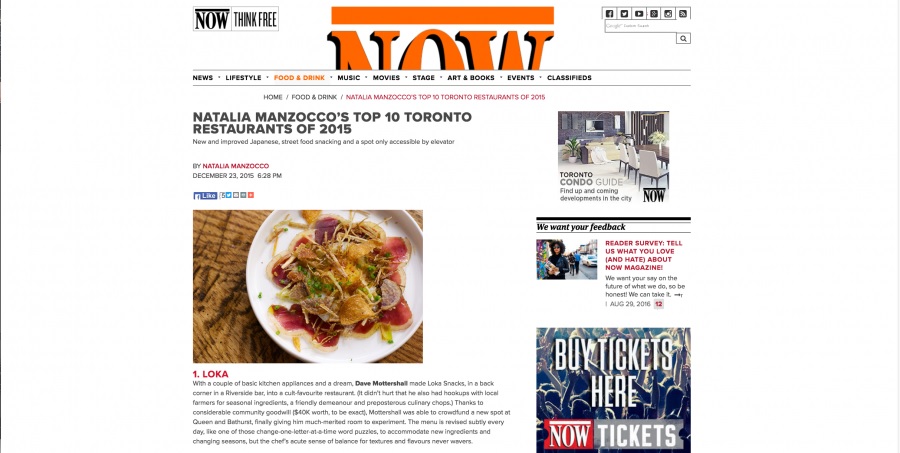 NOW MAGAZINE BEST NEW RESTAURANT 2015